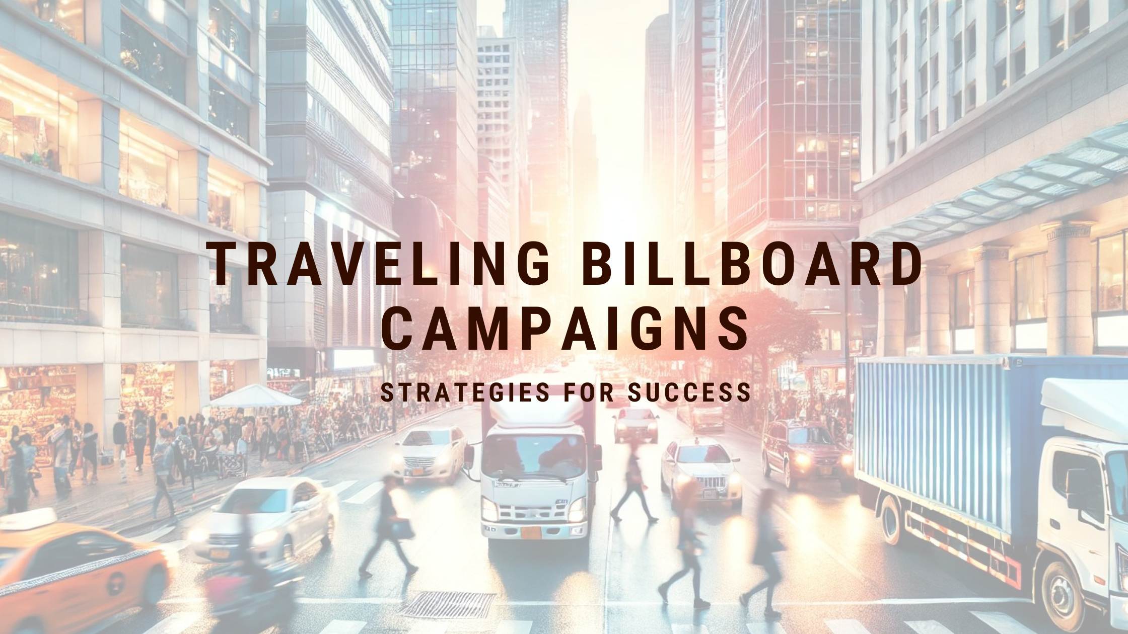 Cityscape with busy streets and pedestrians, featuring the text 'Traveling Billboard Campaigns: Strategies for Success' overlaid on the image.